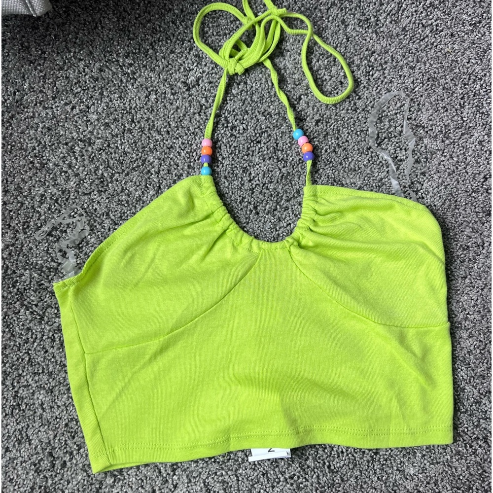 fun cropped green halter top with beads!